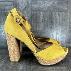 Sun + Stone Reeta Sandals Women 8 Yellow Cork Platform Block Heel SS REETA